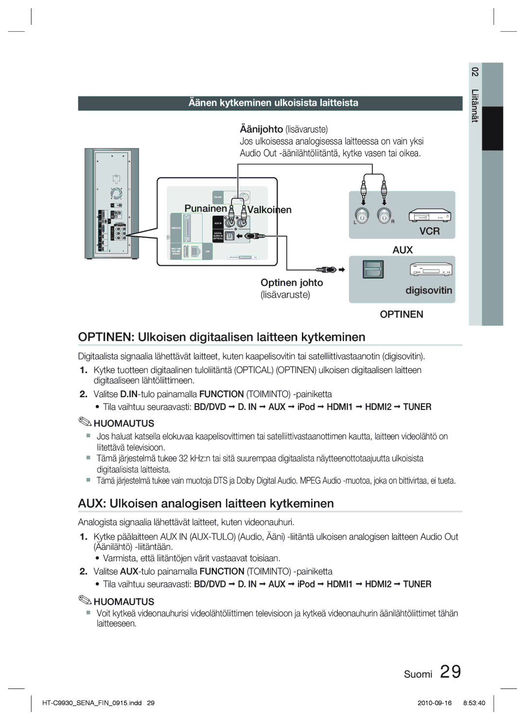 Samsung HT-C9930/XEE manual Optinen Ulkoisen digitaalisen laitteen kytkeminen, AUX Ulkoisen analogisen laitteen kytkeminen 