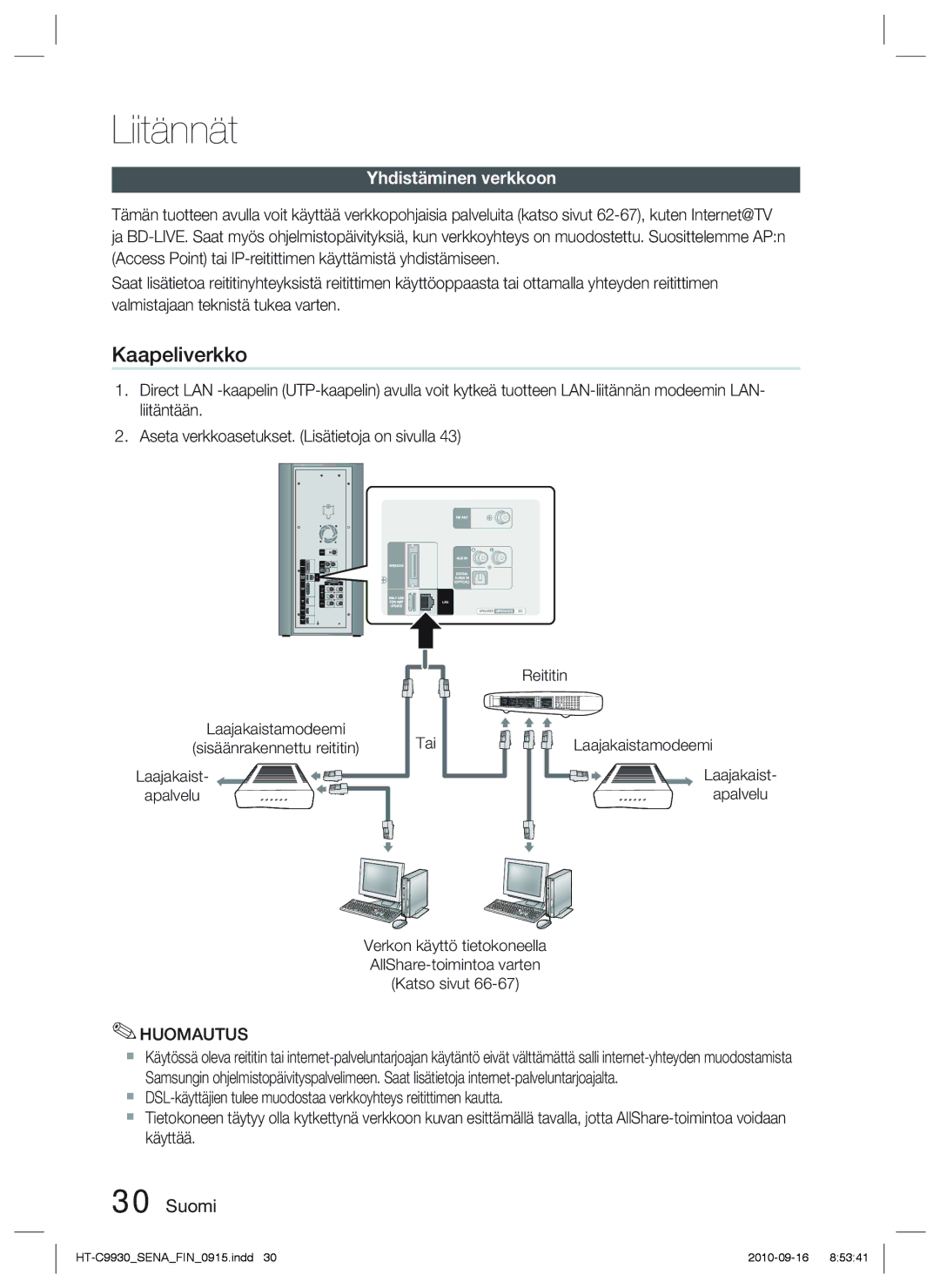 Samsung HT-C9930/XEE manual Yhdistäminen verkkoon, Tai Reititin Laajakaistamodeemi Apalvelu 