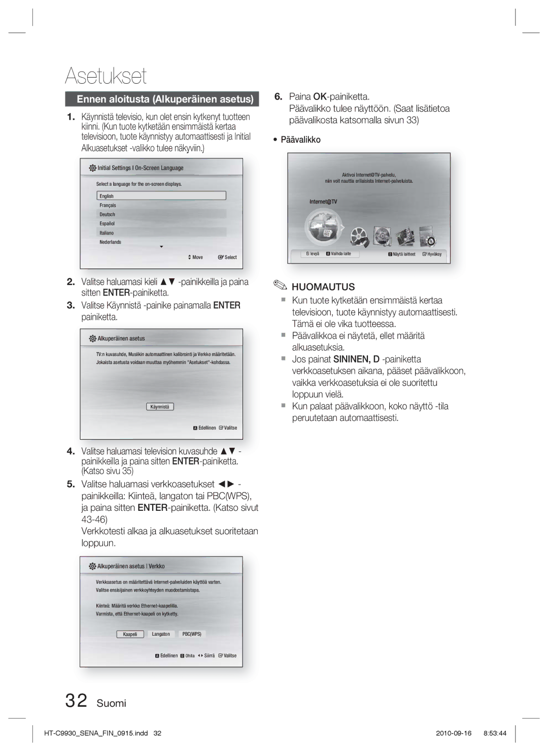 Samsung HT-C9930/XEE manual Asetukset, Ennen aloitusta Alkuperäinen asetus, Paina OK-painiketta, Päävalikko 