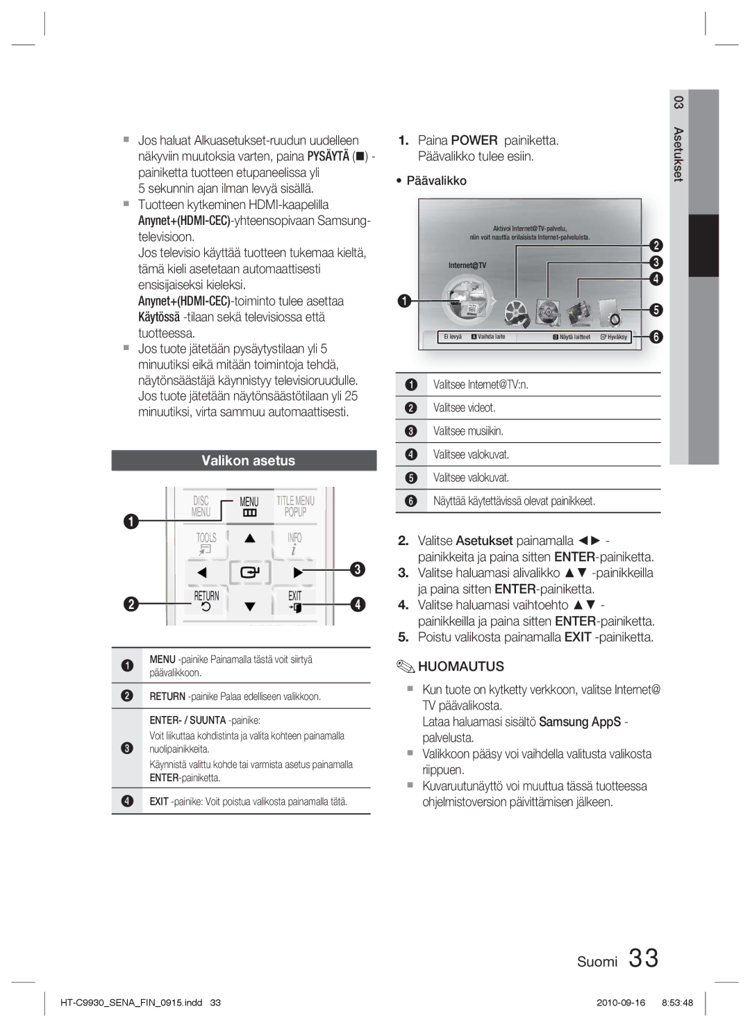 Samsung HT-C9930/XEE manual Valikon asetus 