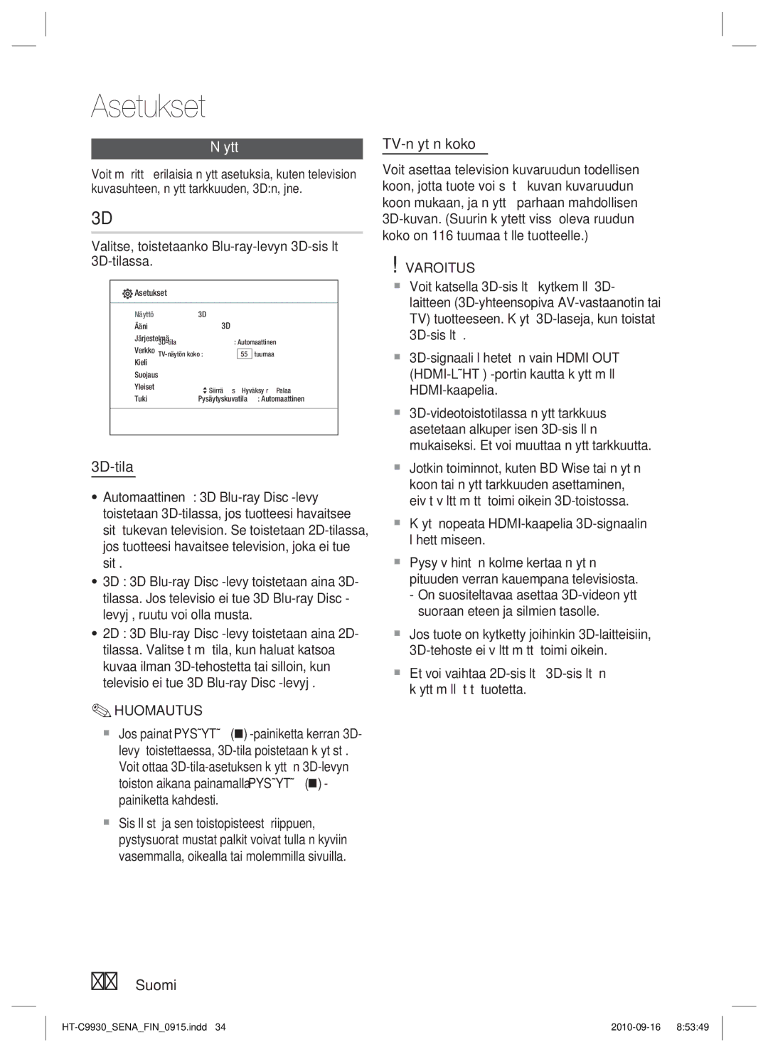 Samsung HT-C9930/XEE manual Näyttö, Suomi TV-näytön koko, Valitse, toistetaanko Blu-ray-levyn 3D-sisältö 3D-tilassa 