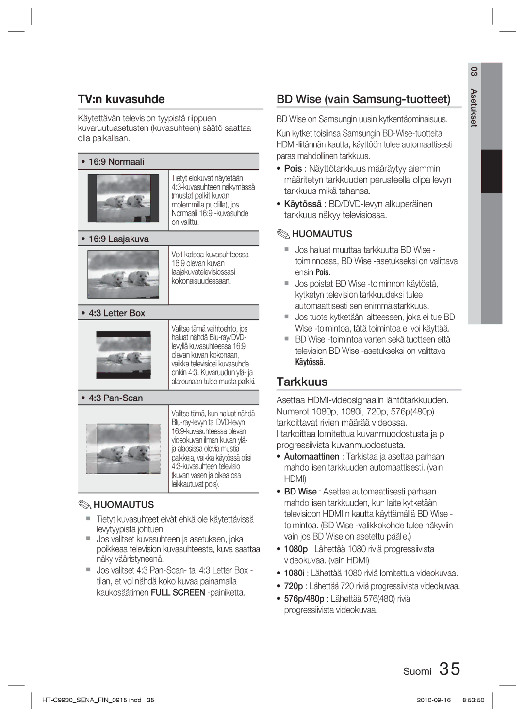 Samsung HT-C9930/XEE manual BD Wise vain Samsung-tuotteet, Tarkkuus, Laajakuva, Letter Box, Pan-Scan 