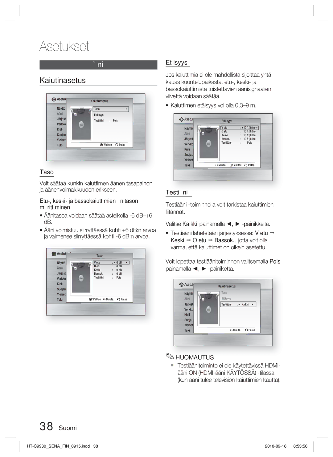 Samsung HT-C9930/XEE manual Kaiutinasetus, Taso, Etäisyys, Testiääni 