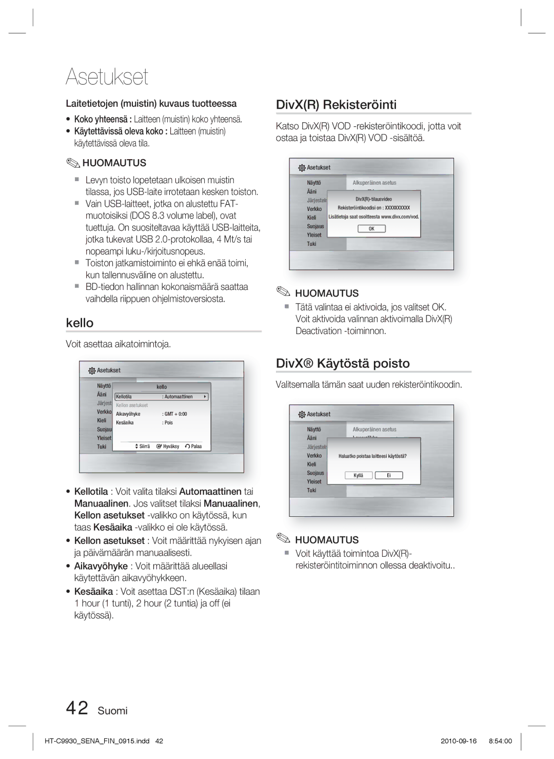 Samsung HT-C9930/XEE manual Kello, DivXR Rekisteröinti, DivX Käytöstä poisto 