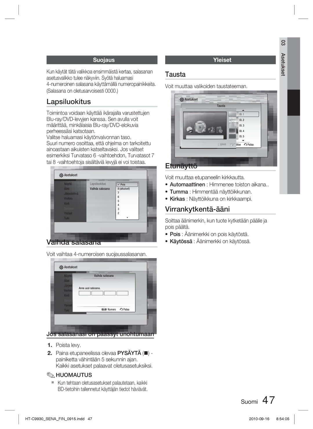 Samsung HT-C9930/XEE manual Lapsiluokitus, Vaihda salasana, Tausta, Etunäyttö, Virrankytkentä-ääni 