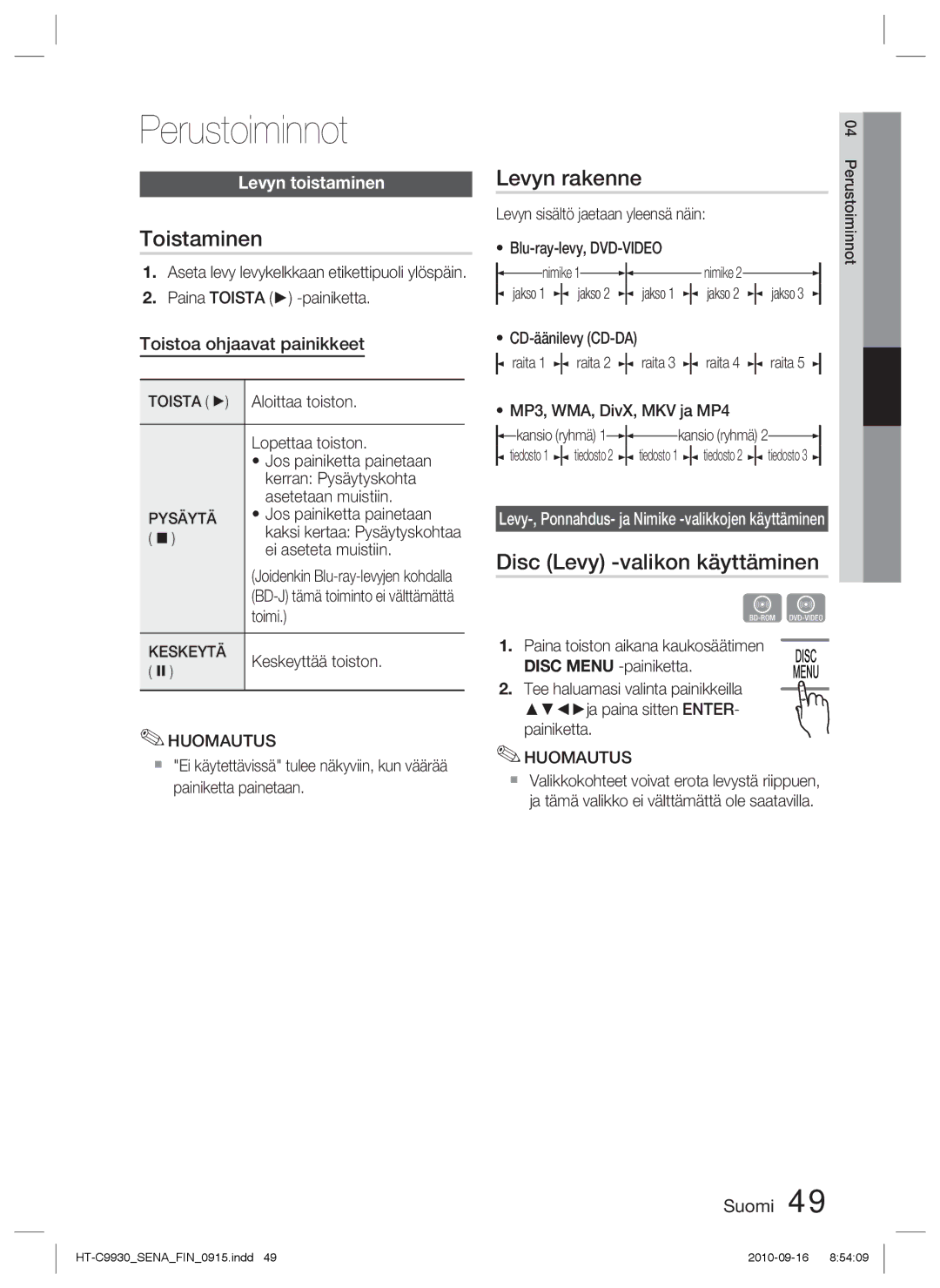 Samsung HT-C9930/XEE manual Perustoiminnot, Toistaminen, Levyn rakenne, Disc Levy -valikon käyttäminen, Levyn toistaminen 