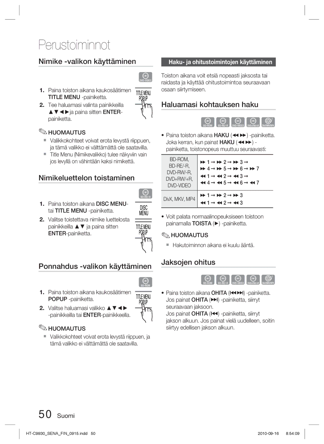 Samsung HT-C9930/XEE Nimike -valikon käyttäminen, Nimikeluettelon toistaminen, Haluamasi kohtauksen haku, Jaksojen ohitus 