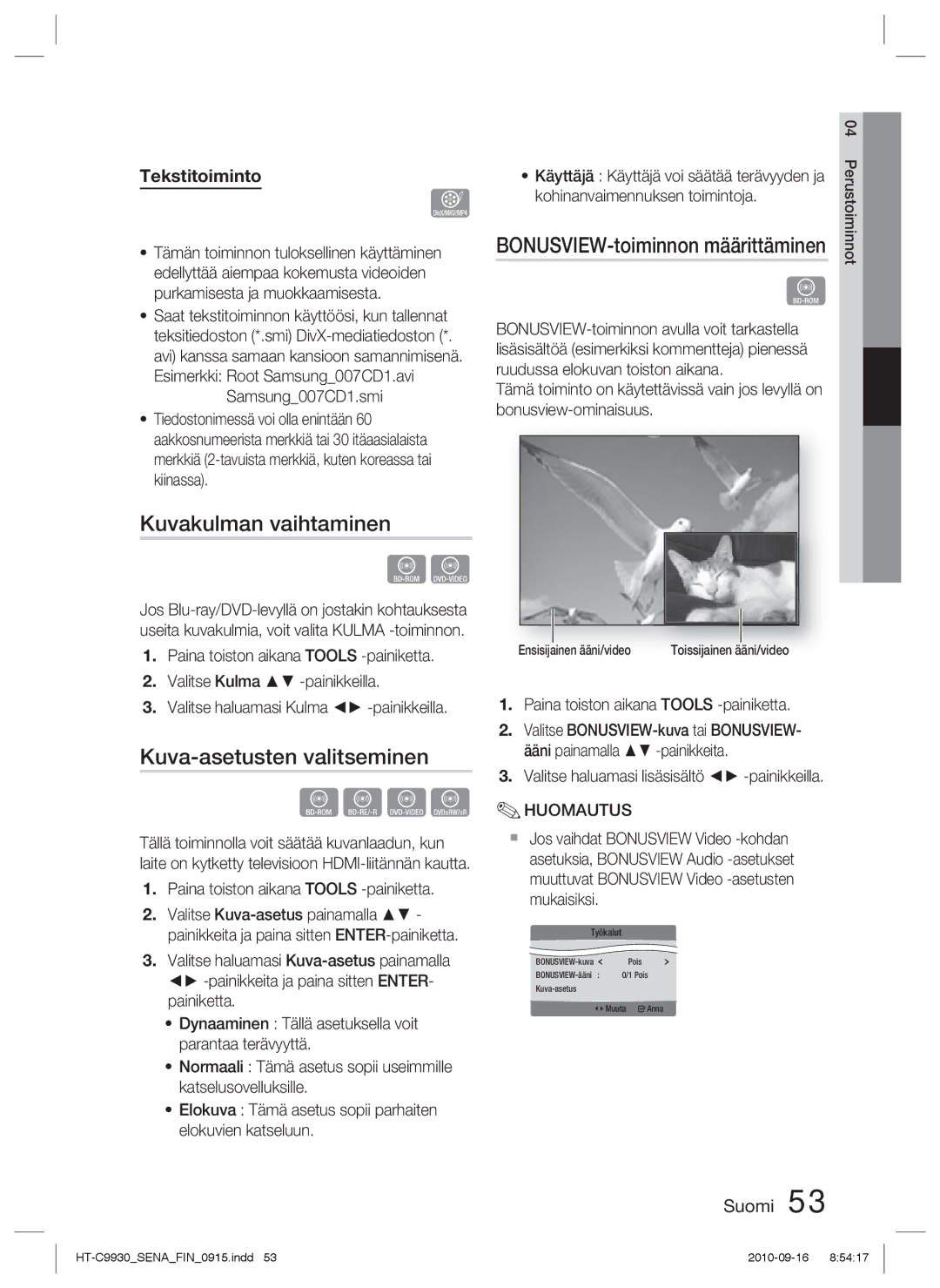 Samsung HT-C9930/XEE manual Kuvakulman vaihtaminen, Kuva-asetusten valitseminen, BONUSVIEW-toiminnon määrittäminen 