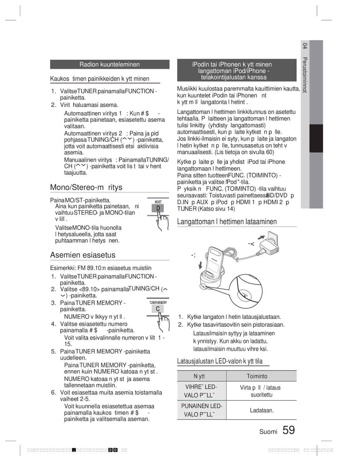 Samsung HT-C9930/XEE Mono/Stereo-määritys, Asemien esiasetus, Langattoman lähettimen lataaminen, Radion kuunteleminen 