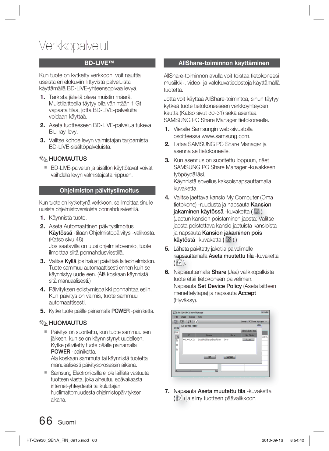 Samsung HT-C9930/XEE manual AllShare-toiminnon käyttäminen, Ohjelmiston päivitysilmoitus 