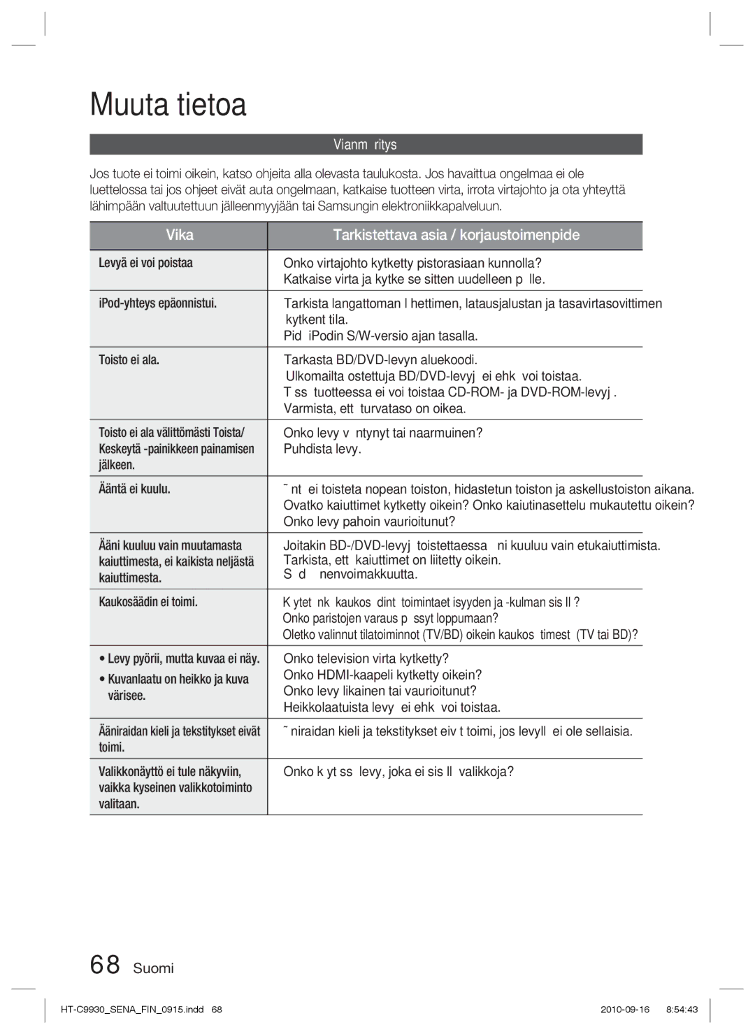 Samsung HT-C9930/XEE manual Muuta tietoa, Vianmääritys 