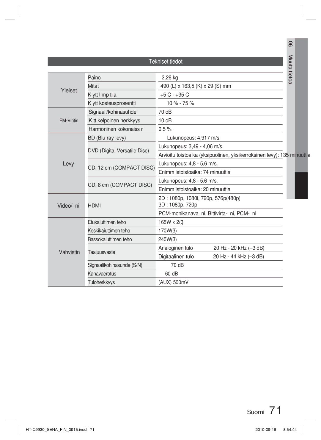 Samsung HT-C9930/XEE manual Tekniset tiedot 