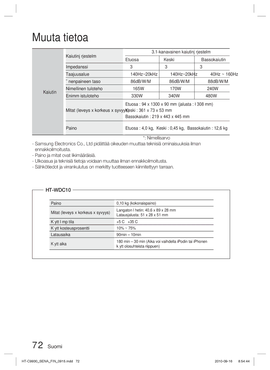 Samsung HT-C9930/XEE manual HT-WDC10, Keski 361 x 73 x 53 mm, Paino, Keski 0,45 kg, Bassokaiutin 12,6 kg 