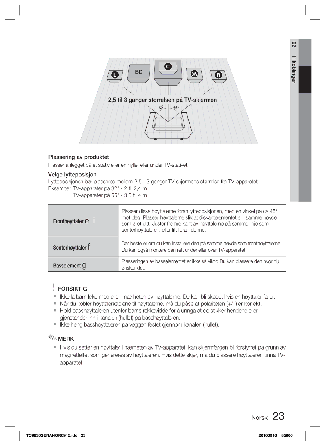 Samsung HT-C9930/XEE manual Til 3 ganger størrelsen på TV-skjermen 