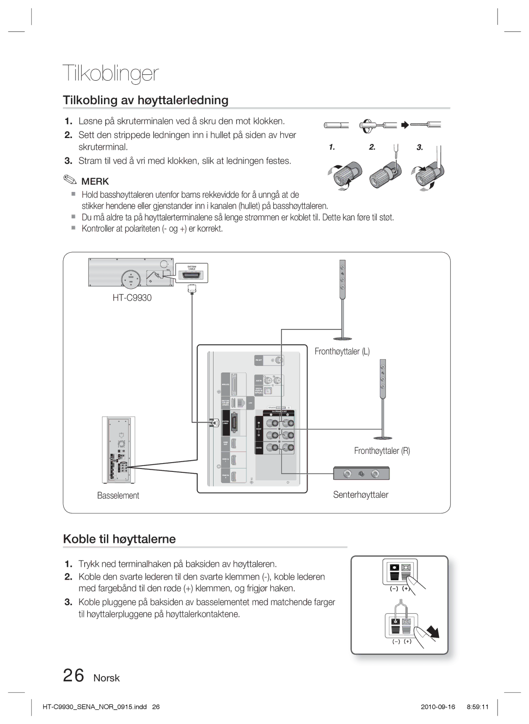 Samsung HT-C9930/XEE manual Tilkobling av høyttalerledning, Koble til høyttalerne, Senterhøyttaler 