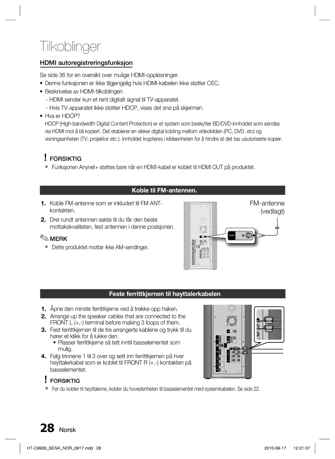 Samsung HT-C9930/XEE manual Koble til FM-antennen, Feste ferrittkjernen til høyttalerkabelen 