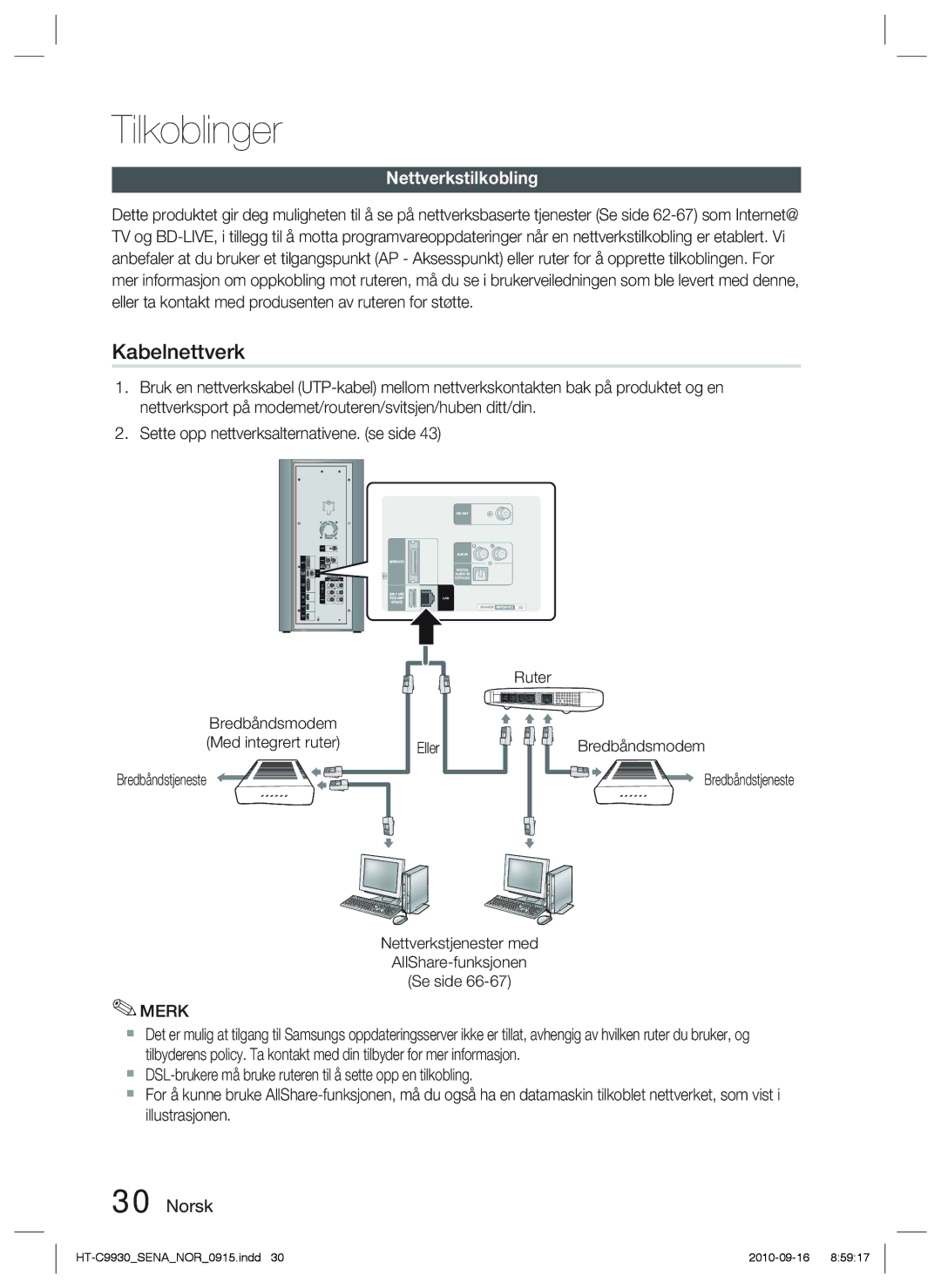 Samsung HT-C9930/XEE manual Kabelnettverk, Nettverkstilkobling 