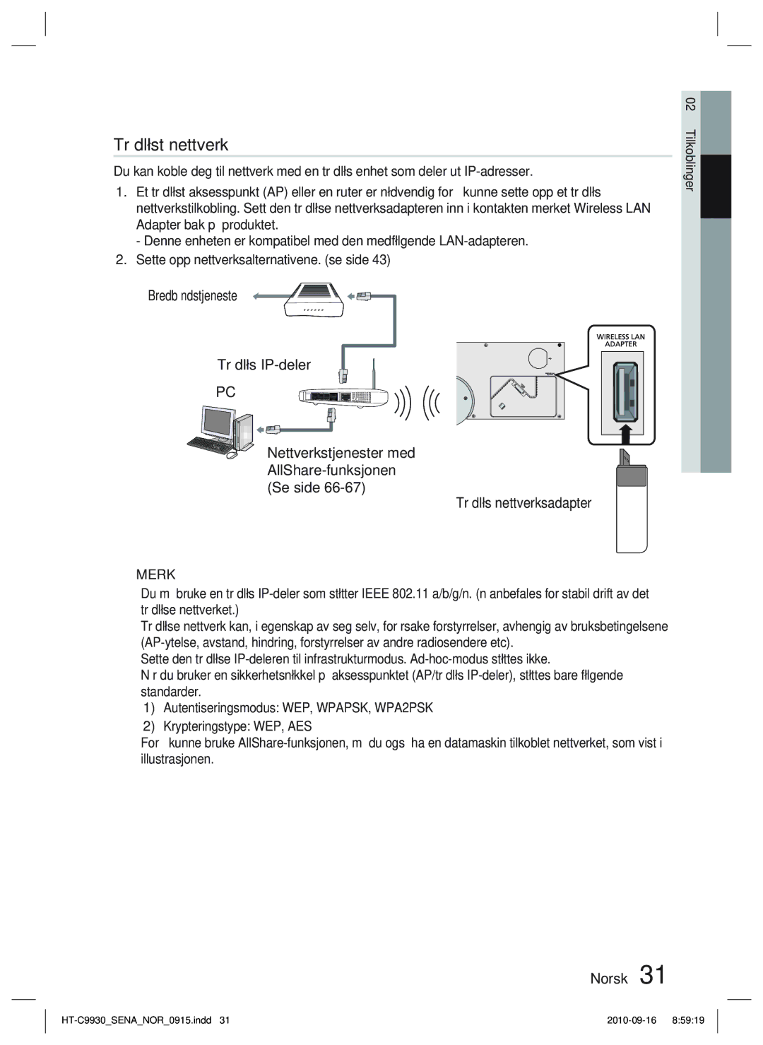 Samsung HT-C9930/XEE manual Trådløst nettverk 