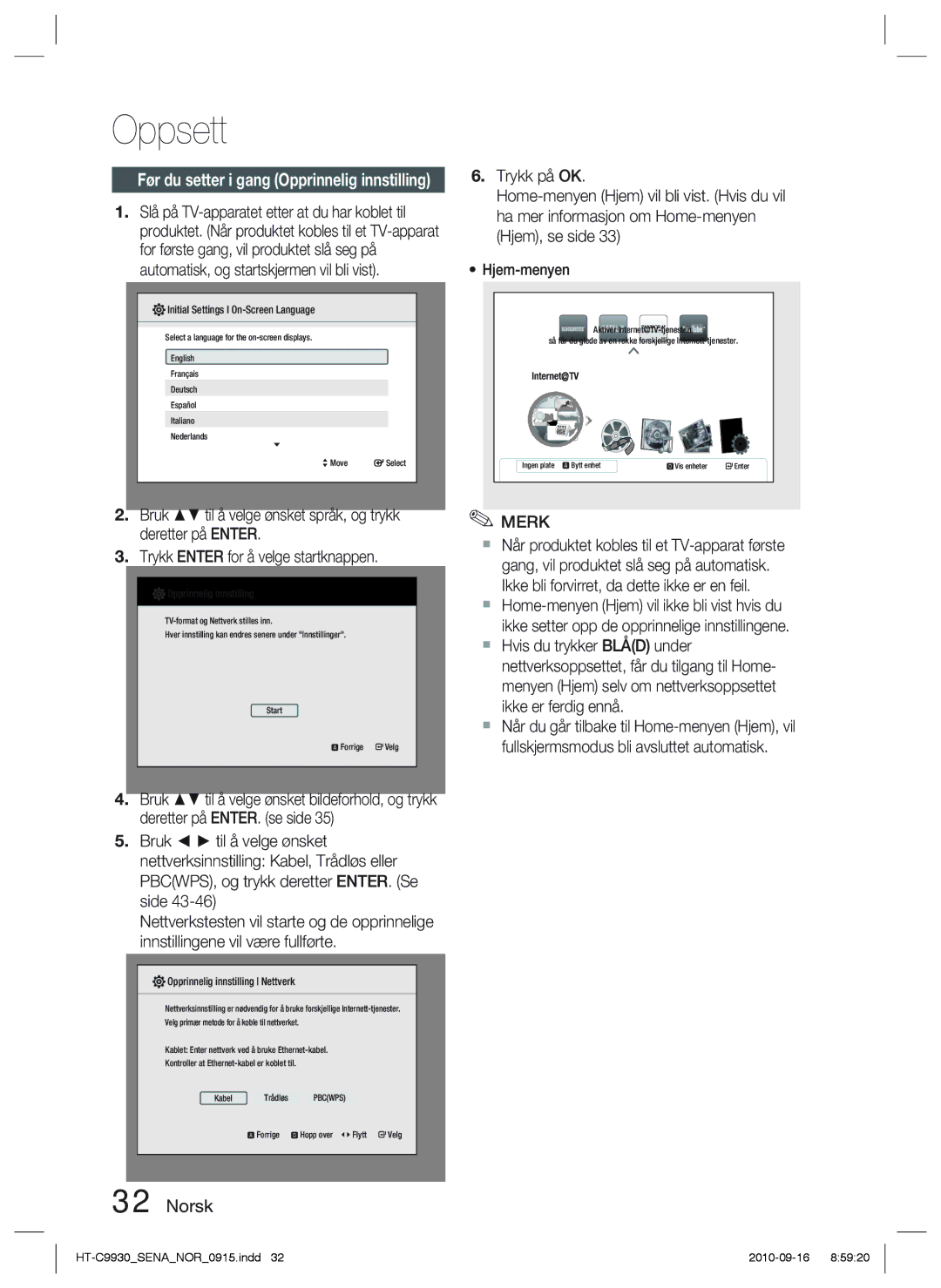 Samsung HT-C9930/XEE manual Oppsett, Før du setter i gang Opprinnelig innstilling 