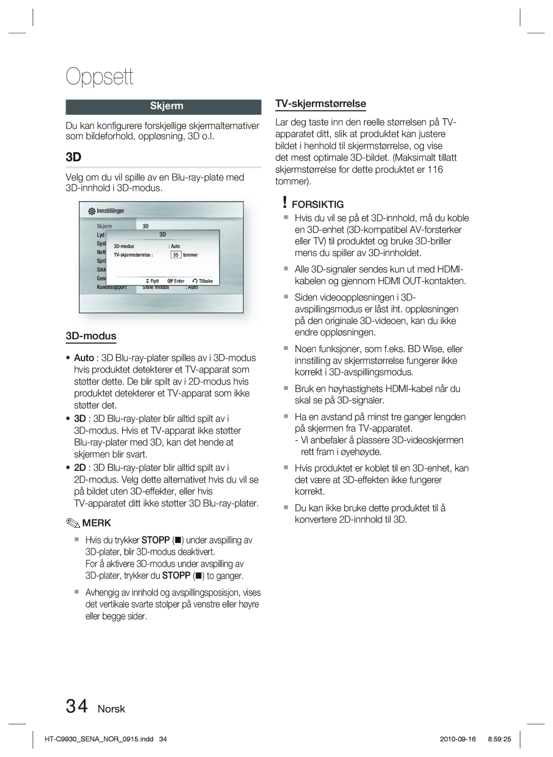 Samsung HT-C9930/XEE manual Skjerm, 3D-modus, Norsk TV-skjermstørrelse 