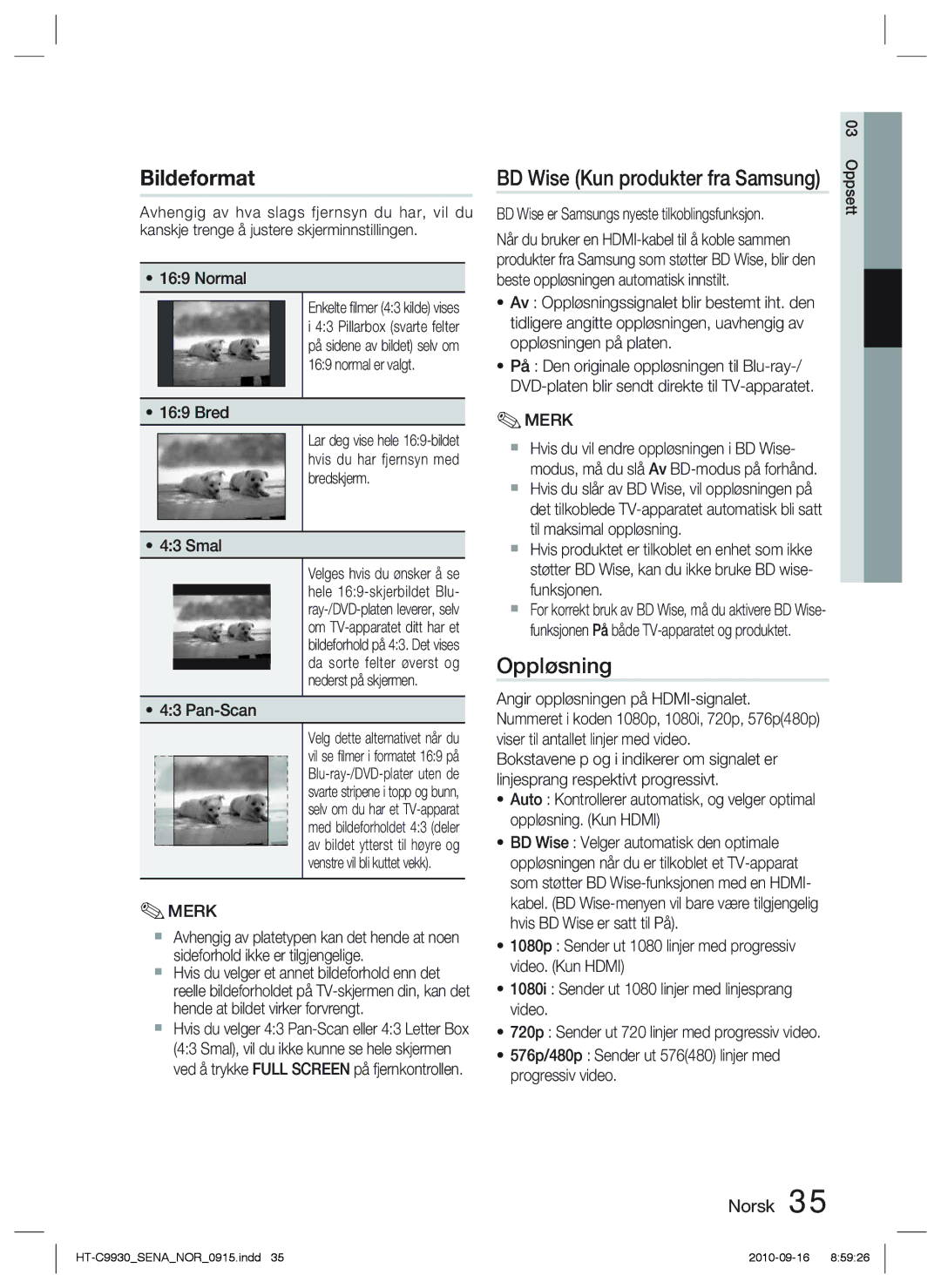 Samsung HT-C9930/XEE manual Oppløsning, Bred, Smal, Pan-Scan 