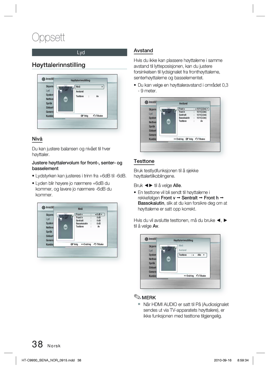 Samsung HT-C9930/XEE manual Høyttalerinnstilling, Lyd, Nivå, Avstand, Testtone 