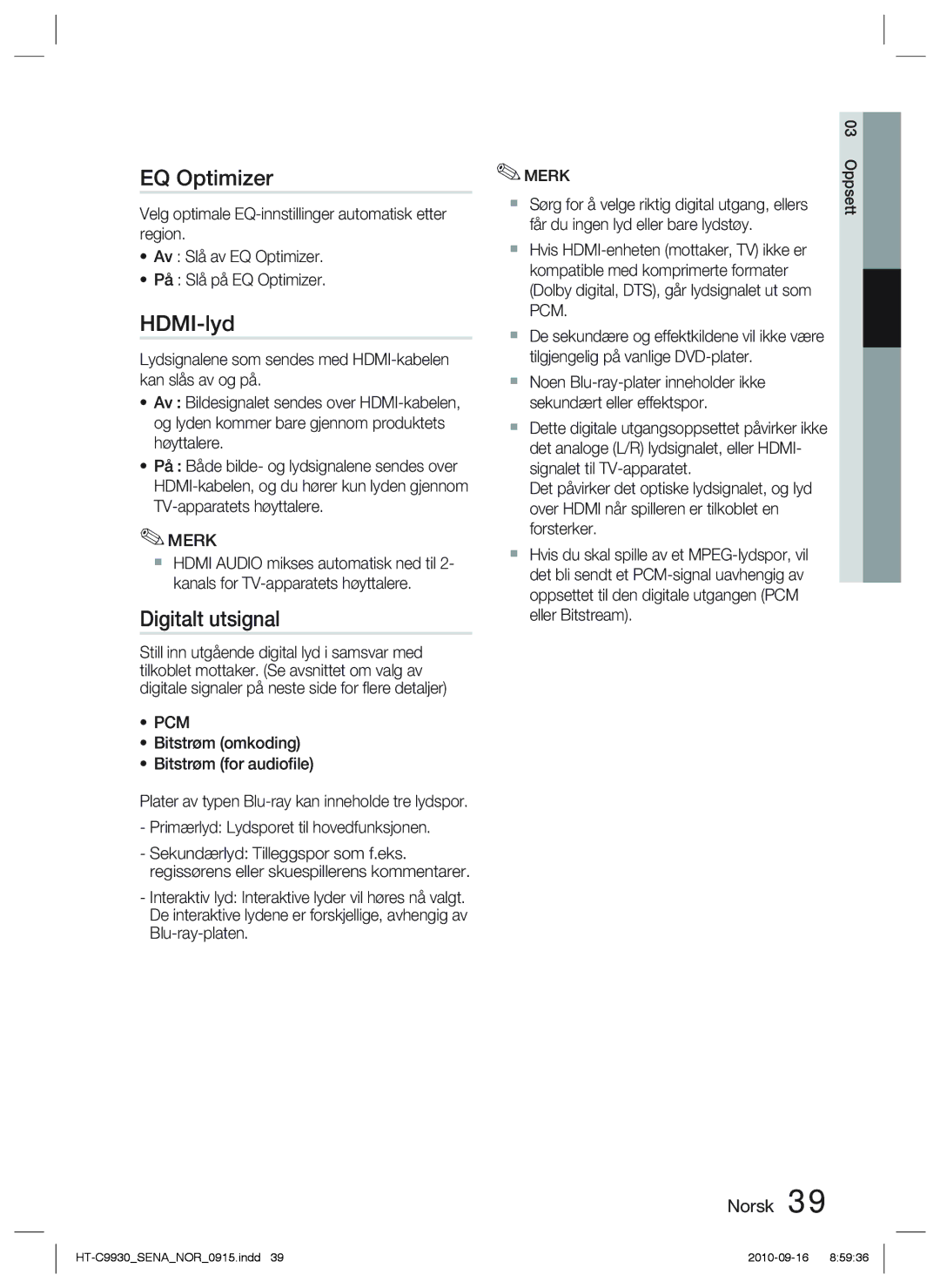 Samsung HT-C9930/XEE manual EQ Optimizer, HDMI-lyd, Digitalt utsignal 