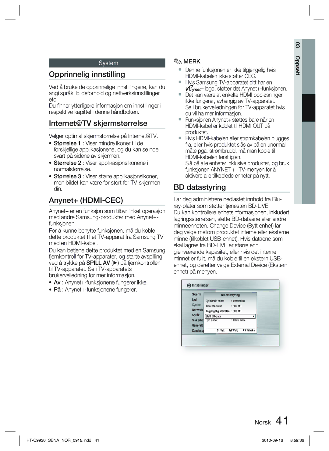 Samsung HT-C9930/XEE manual Opprinnelig innstilling, Internet@TV skjermstørrelse, Anynet+ HDMI-CEC, BD datastyring, System 