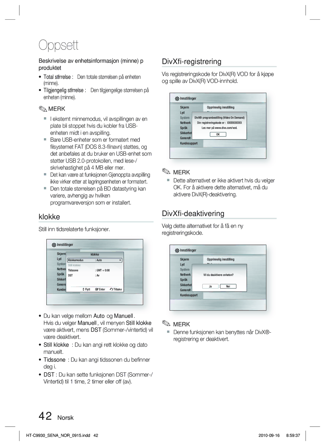 Samsung HT-C9930/XEE manual DivX-registrering, Klokke, DivX-deaktivering, Still inn tidsrelaterte funksjoner 