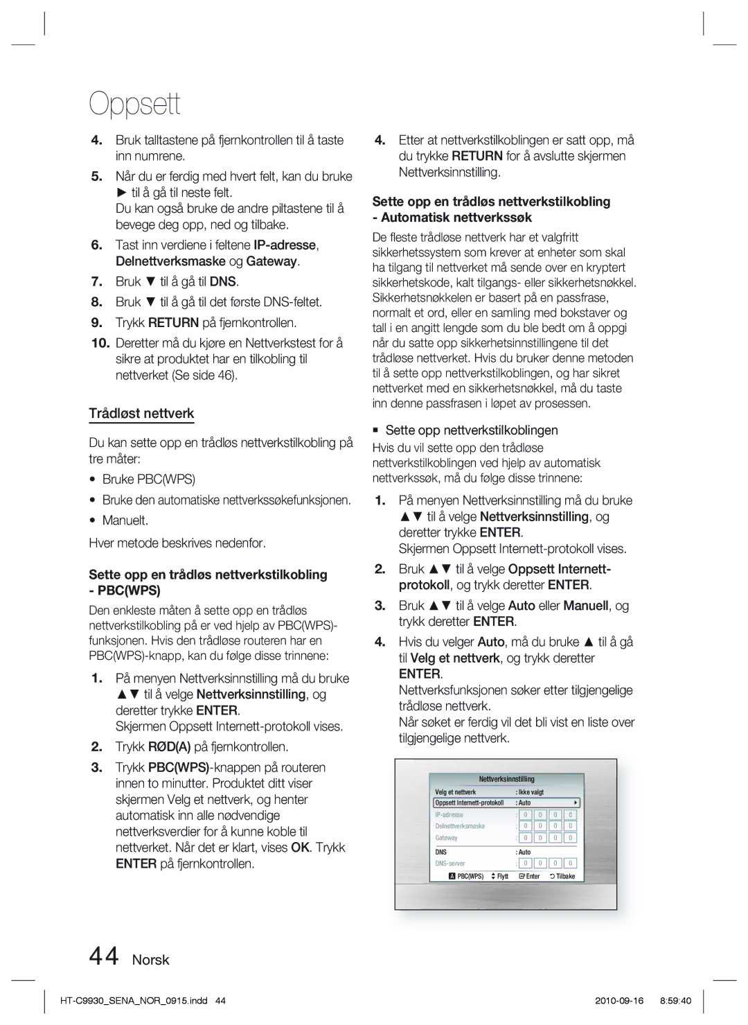 Samsung HT-C9930/XEE manual Trådløst nettverk, Manuelt Hver metode beskrives nedenfor, Enter 