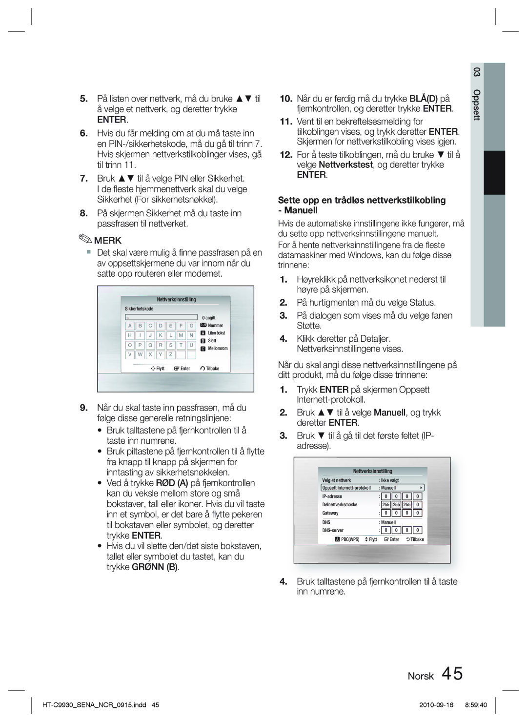 Samsung HT-C9930/XEE manual Sette opp en trådløs nettverkstilkobling Manuell 