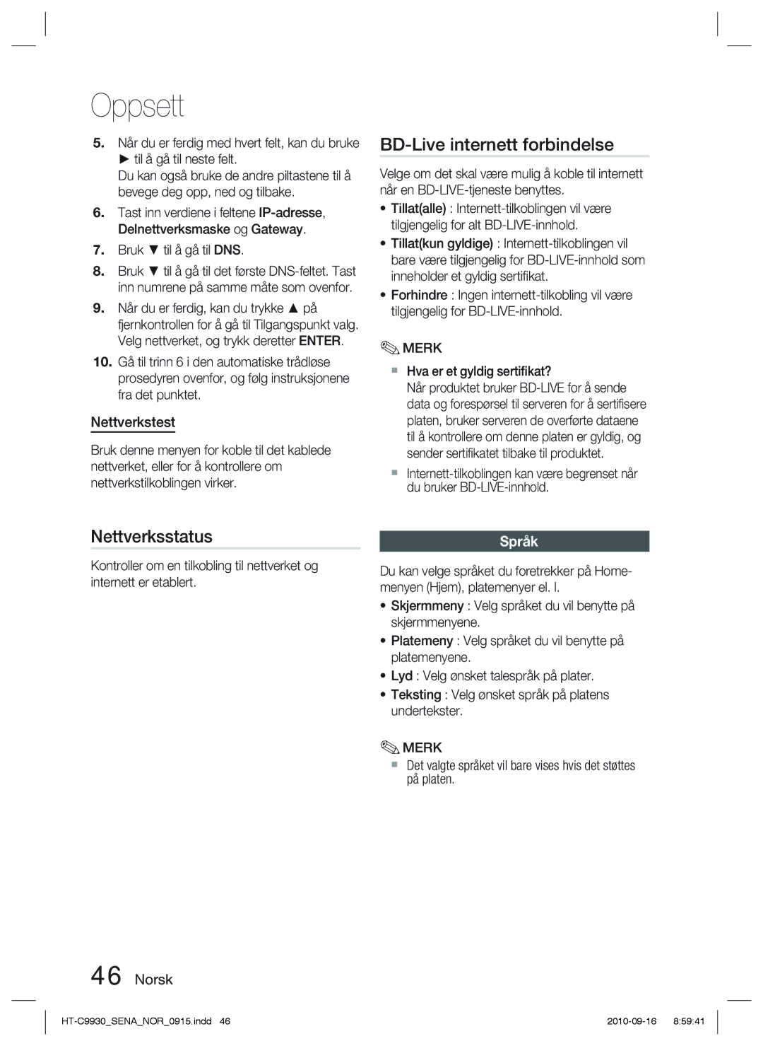 Samsung HT-C9930/XEE manual BD-Live internett forbindelse, Nettverksstatus, Nettverkstest, Språk 