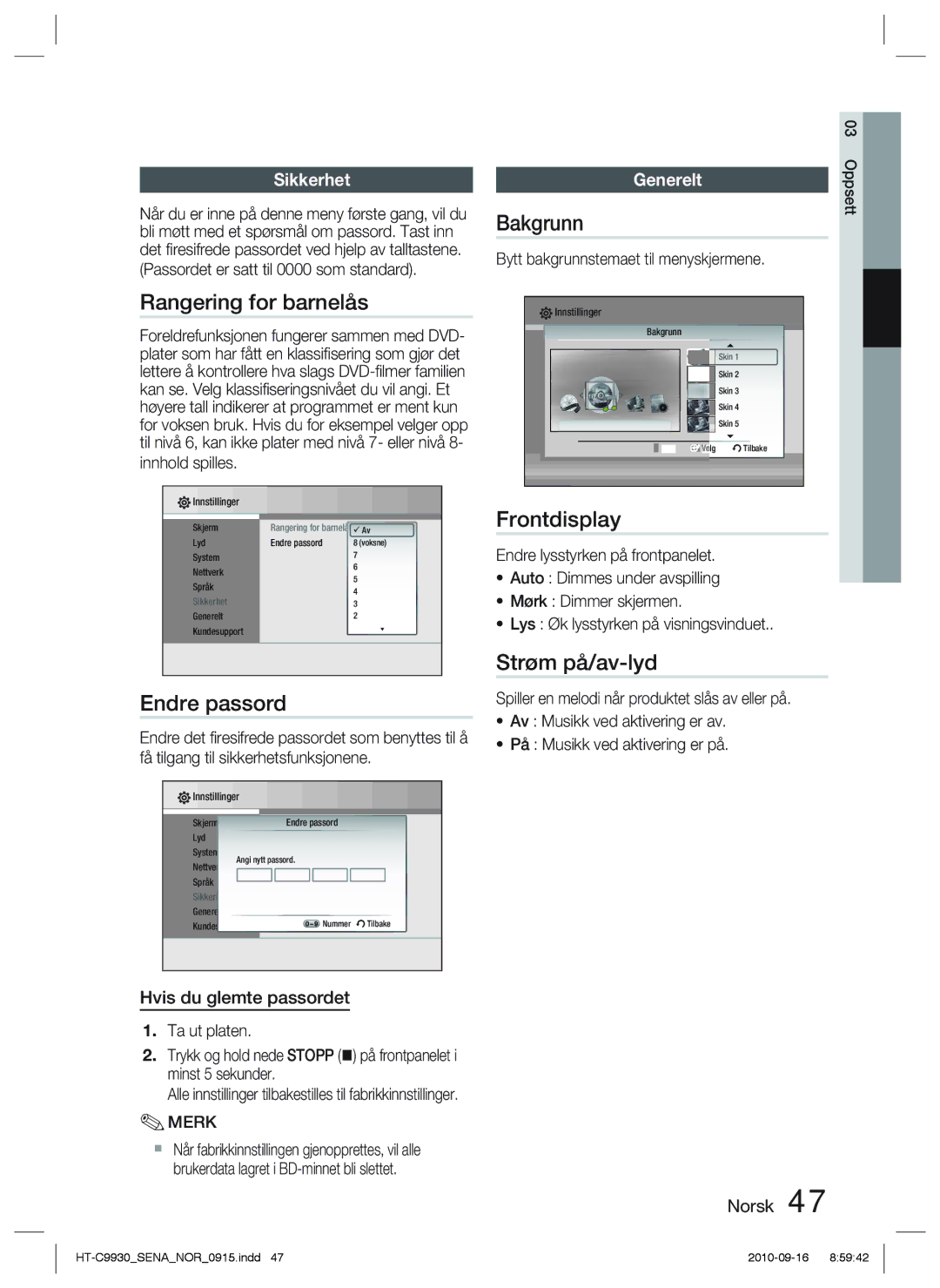 Samsung HT-C9930/XEE manual Rangering for barnelås, Bakgrunn, Frontdisplay, Endre passord, Strøm på/av-lyd 