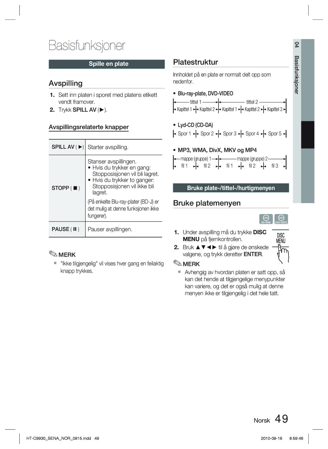 Samsung HT-C9930/XEE manual Basisfunksjoner, Avspilling, Platestruktur, Bruke platemenyen 