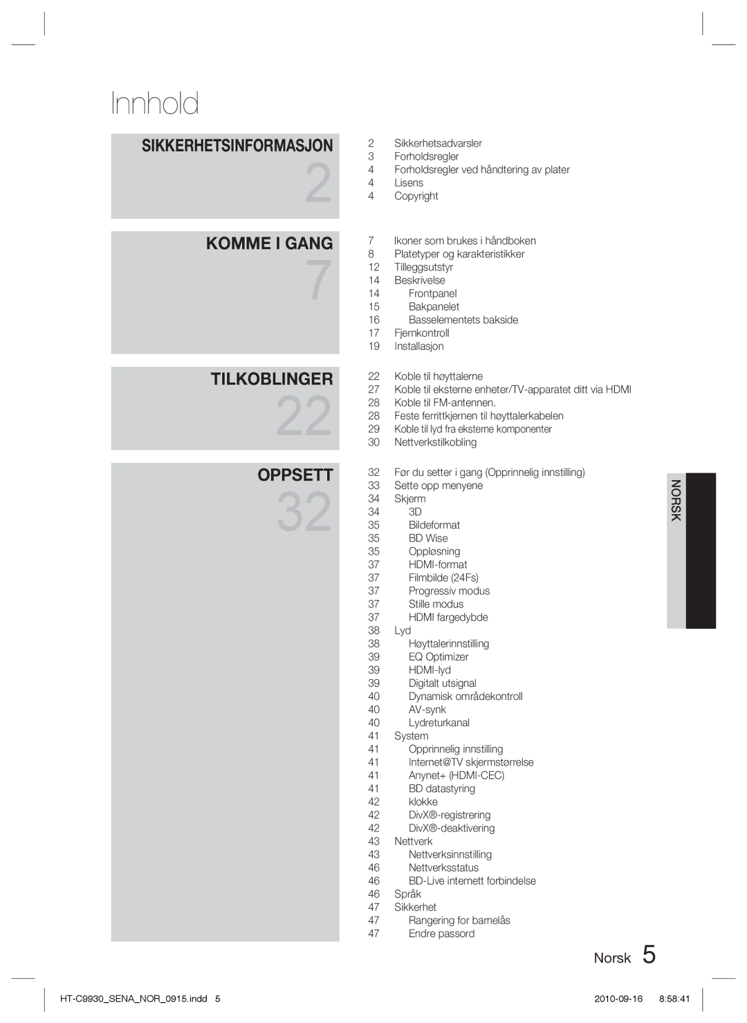 Samsung HT-C9930/XEE manual Innhold, Sikkerhetsinformasjon 