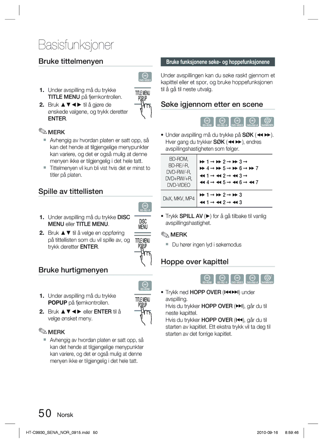 Samsung HT-C9930/XEE manual Bruke tittelmenyen, Spille av tittellisten, Bruke hurtigmenyen, Søke igjennom etter en scene 