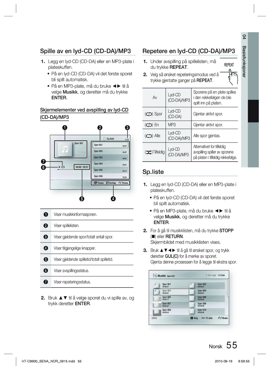 Samsung HT-C9930/XEE manual Spille av en lyd-CD CD-DA/MP3, Repetere en lyd-CD CD-DA/MP3, Sp.liste 