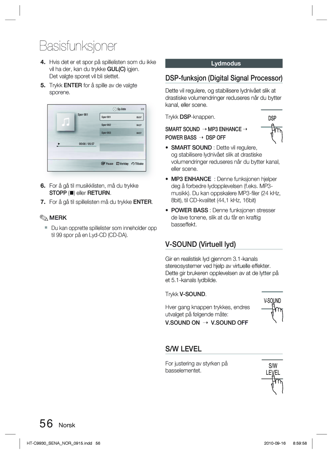 Samsung HT-C9930/XEE manual DSP-funksjon Digital Signal Processor, Sound Virtuell lyd, Lydmodus 