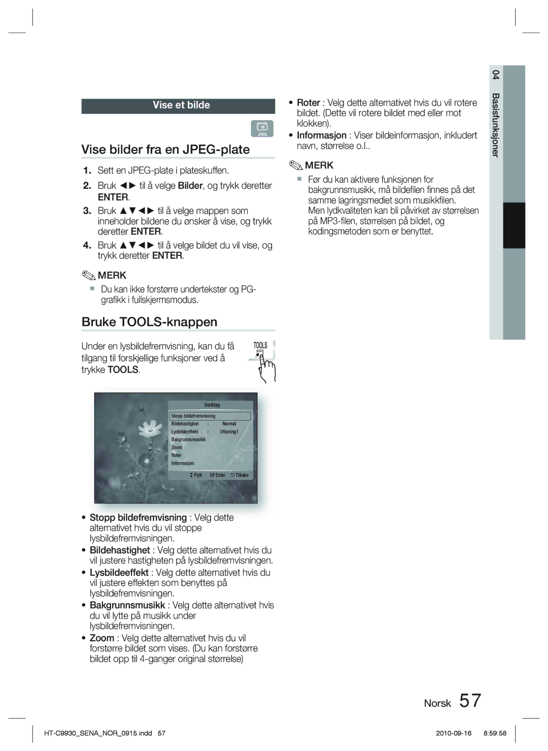 Samsung HT-C9930/XEE manual Vise bilder fra en JPEG-plate, Bruke TOOLS-knappen, Vise et bilde 