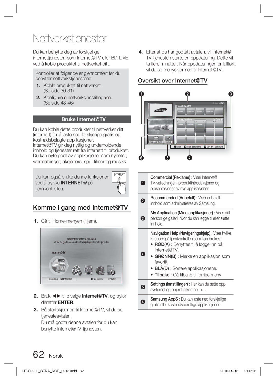 Samsung HT-C9930/XEE manual Nettverkstjenester, Komme i gang med Internet@TV, Bruke Internet@TV 