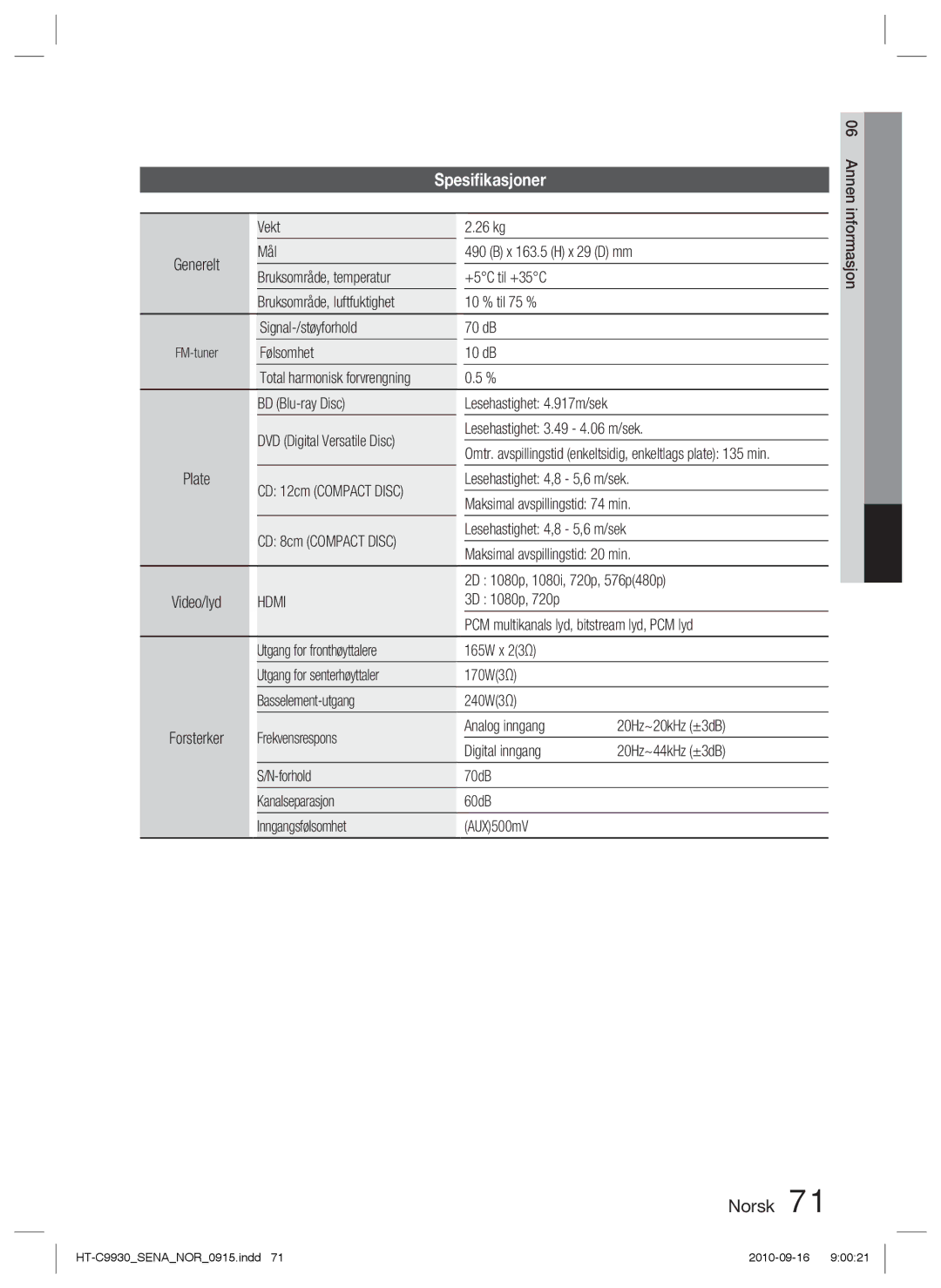 Samsung HT-C9930/XEE manual Spesiﬁkasjoner 