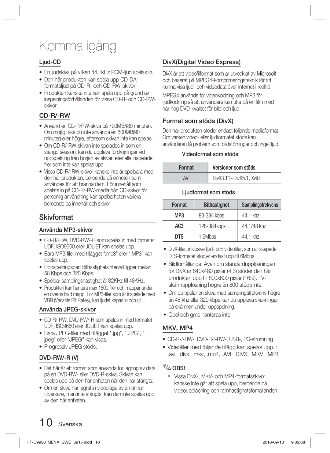 Samsung HT-C9930/XEE manual Skivformat 