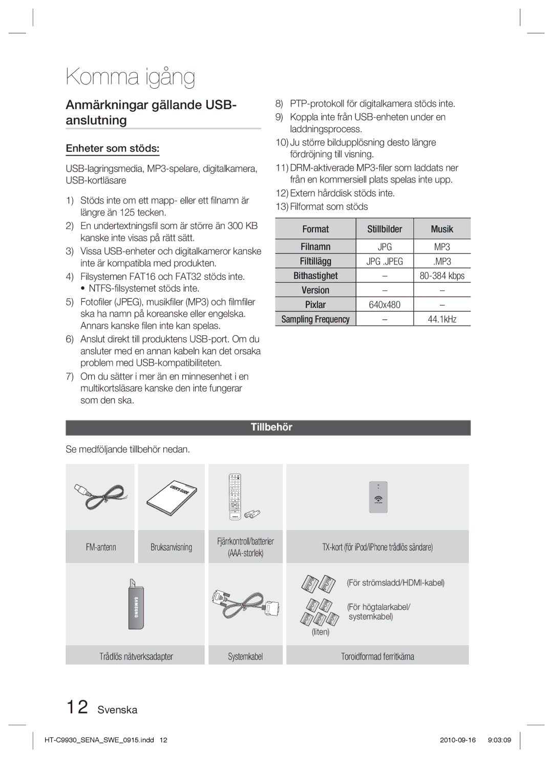 Samsung HT-C9930/XEE manual Anmärkningar gällande USB- anslutning, Enheter som stöds, Tillbehör 