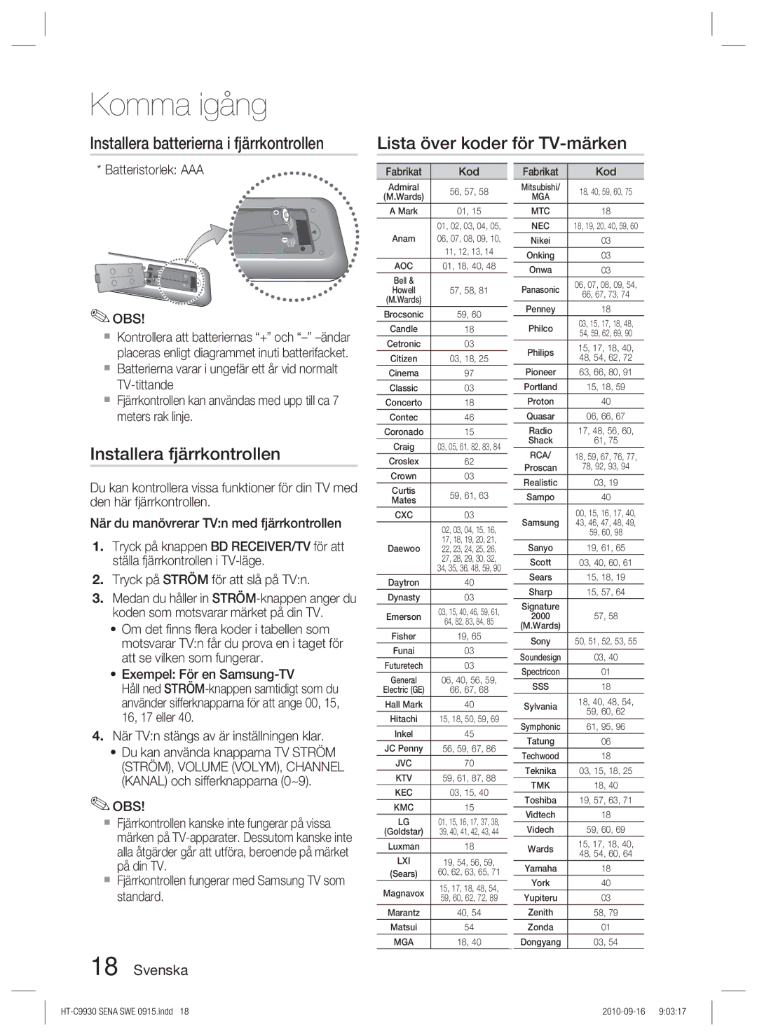 Samsung HT-C9930/XEE manual Installera fjärrkontrollen, Batteristorlek AAA OBS 