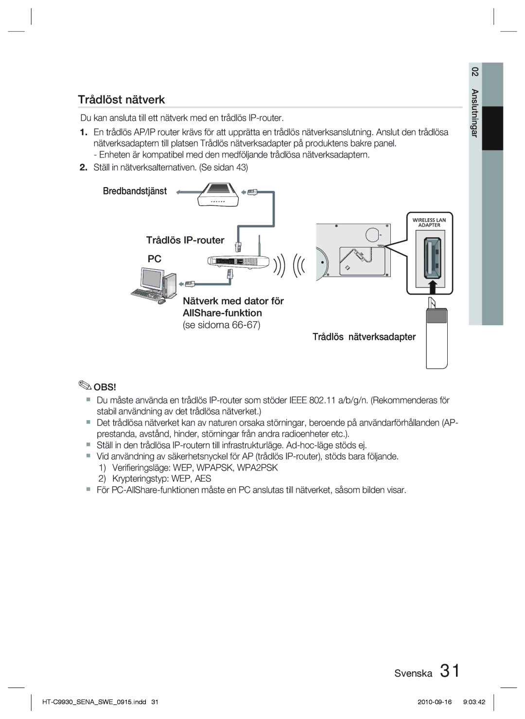 Samsung HT-C9930/XEE manual Trådlöst nätverk, Du kan ansluta till ett nätverk med en trådlös IP-router 