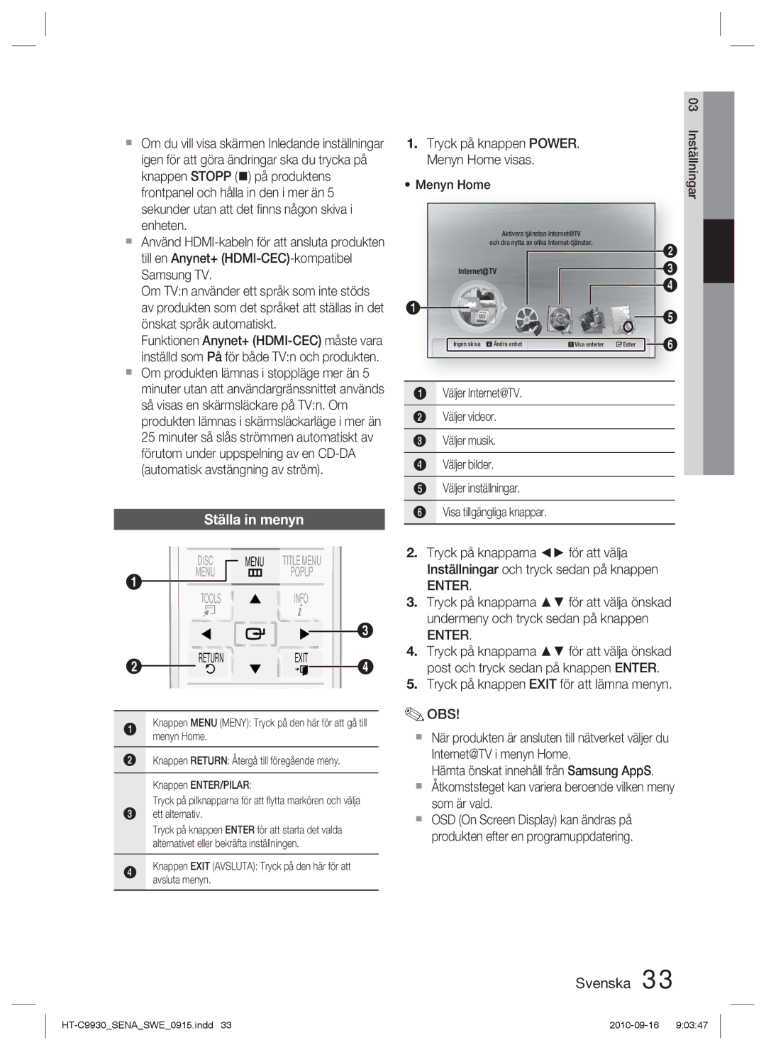 Samsung HT-C9930/XEE manual Ställa in menyn, Enter 