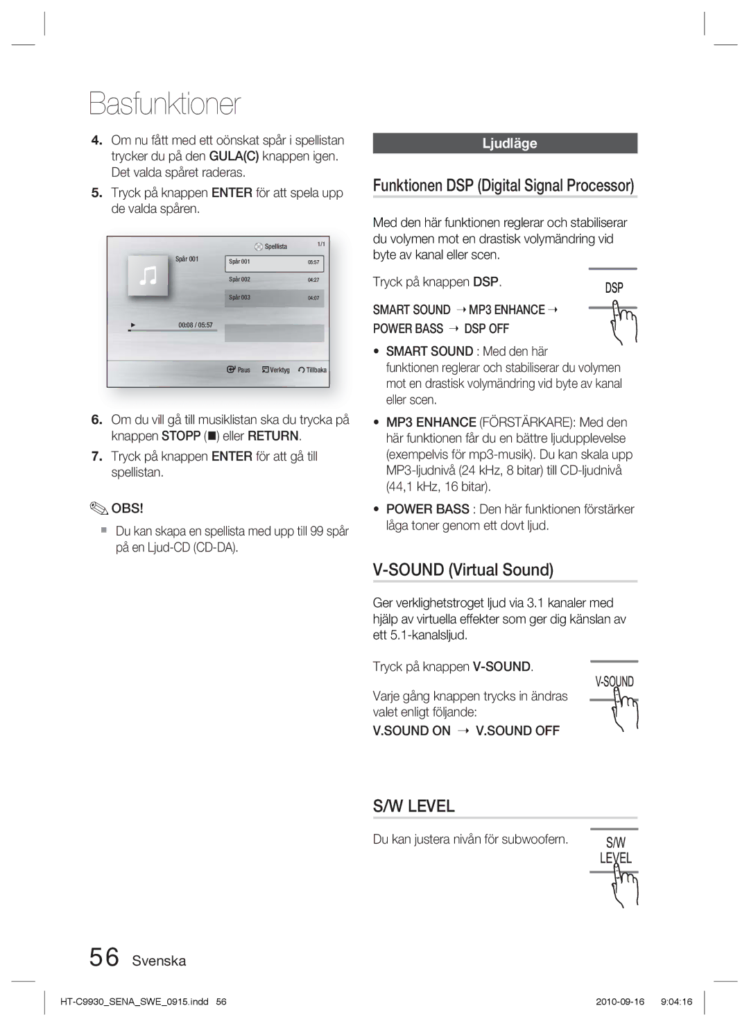 Samsung HT-C9930/XEE manual Funktionen DSP Digital Signal Processor, Sound Virtual Sound, Ljudläge 