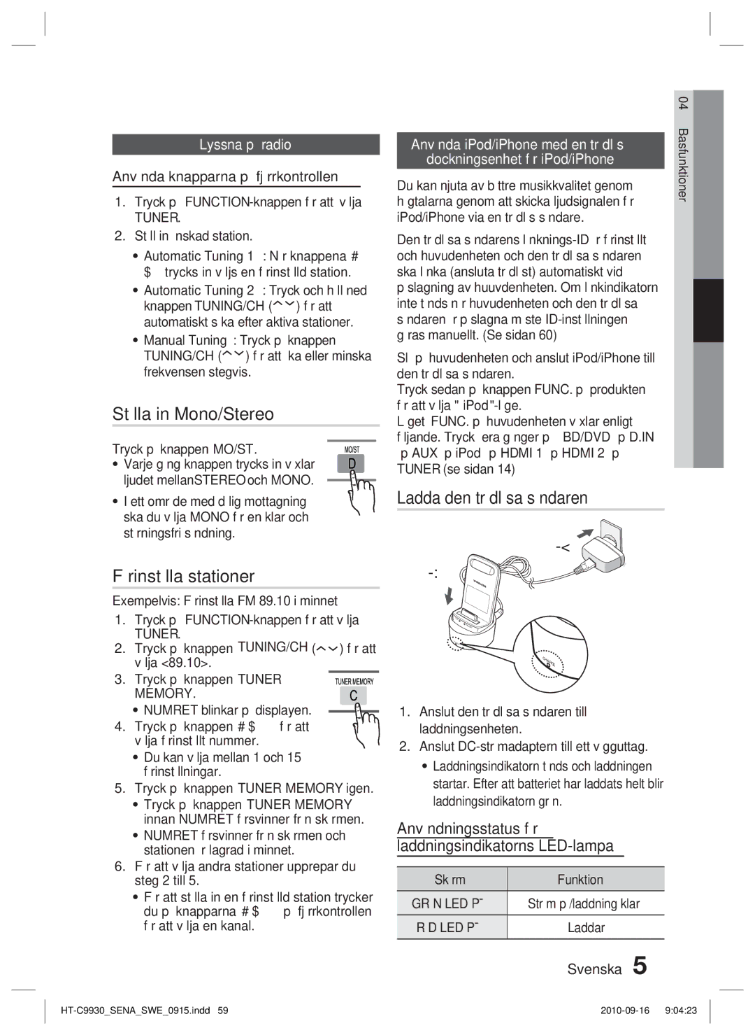 Samsung HT-C9930/XEE manual Ställa in Mono/Stereo, Förinställa stationer, Ladda den trådlösa sändaren, Lyssna på radio 