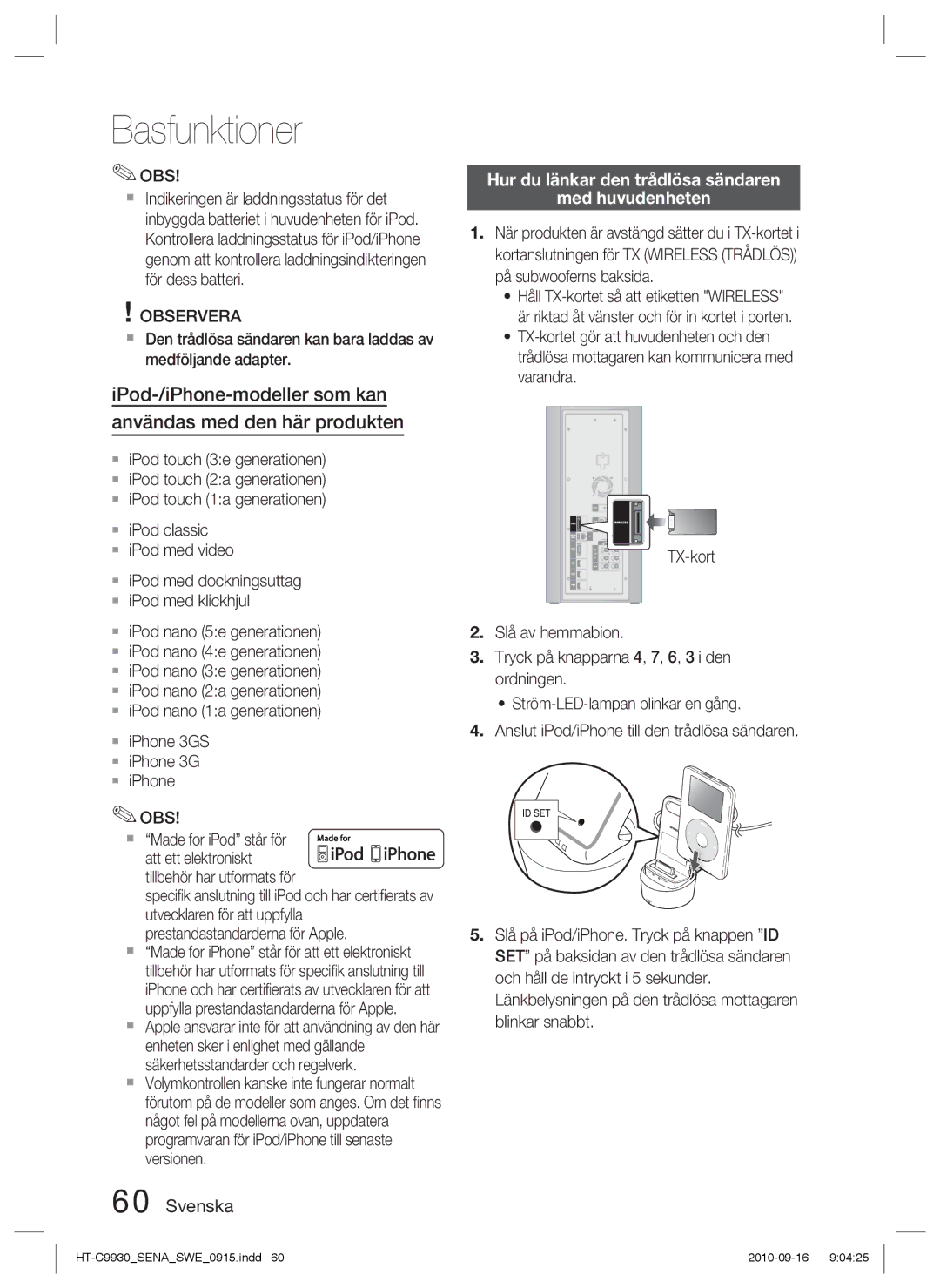 Samsung HT-C9930/XEE manual Hur du länkar den trådlösa sändaren Med huvudenheten, Observera 