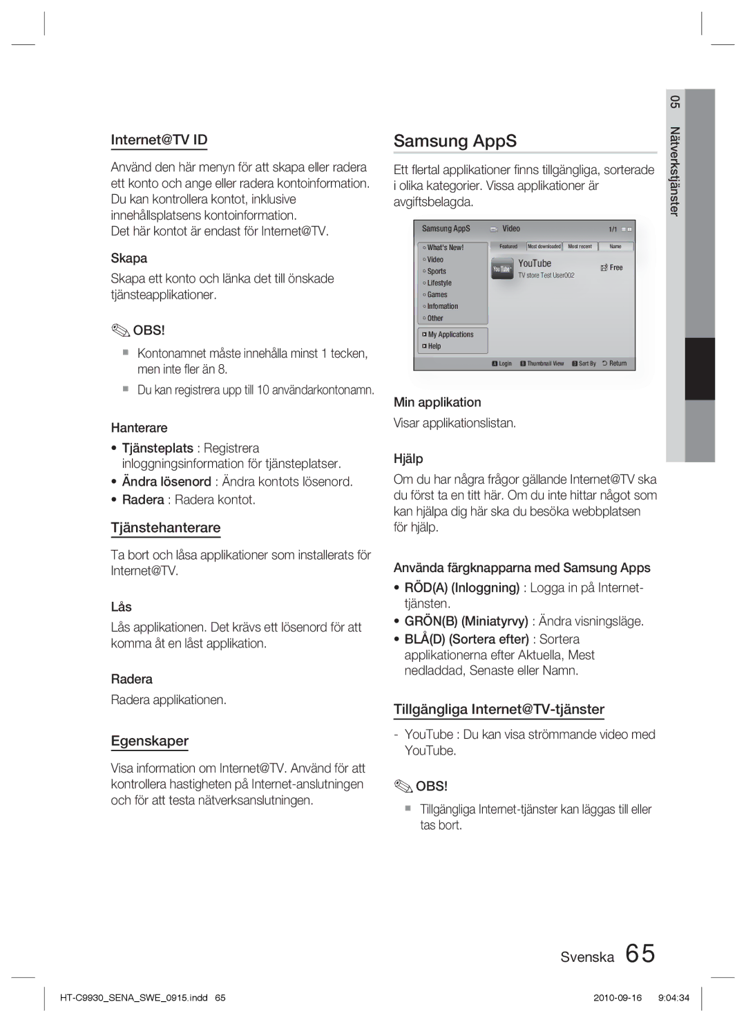 Samsung HT-C9930/XEE manual Samsung AppS, Internet@TV ID, Tjänstehanterare, Egenskaper, Tillgängliga Internet@TV-tjänster 